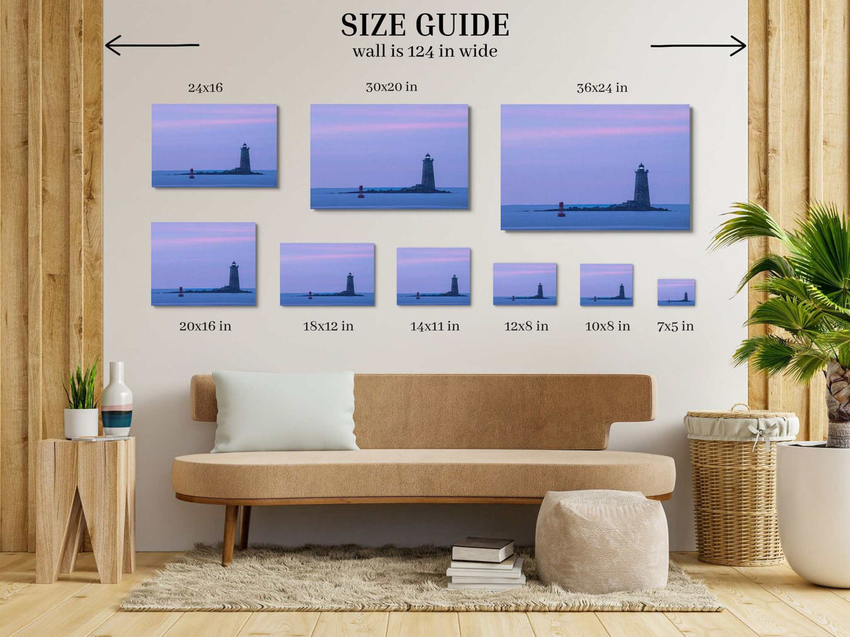 Whaleback Lighthouse Print showing a dark coastal lighthouse on calm water beneath a soft purple and pink sunrise sky