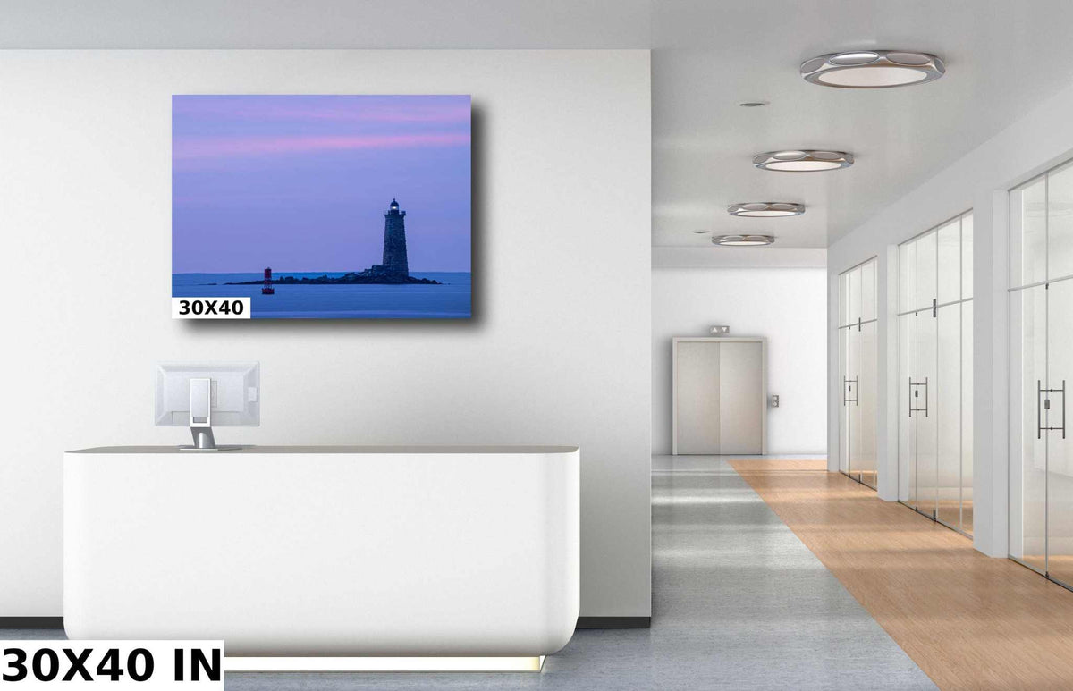 Whaleback Lighthouse Print showing a dark coastal lighthouse against a pastel purple and pink sunrise sky over calm blue harbor water