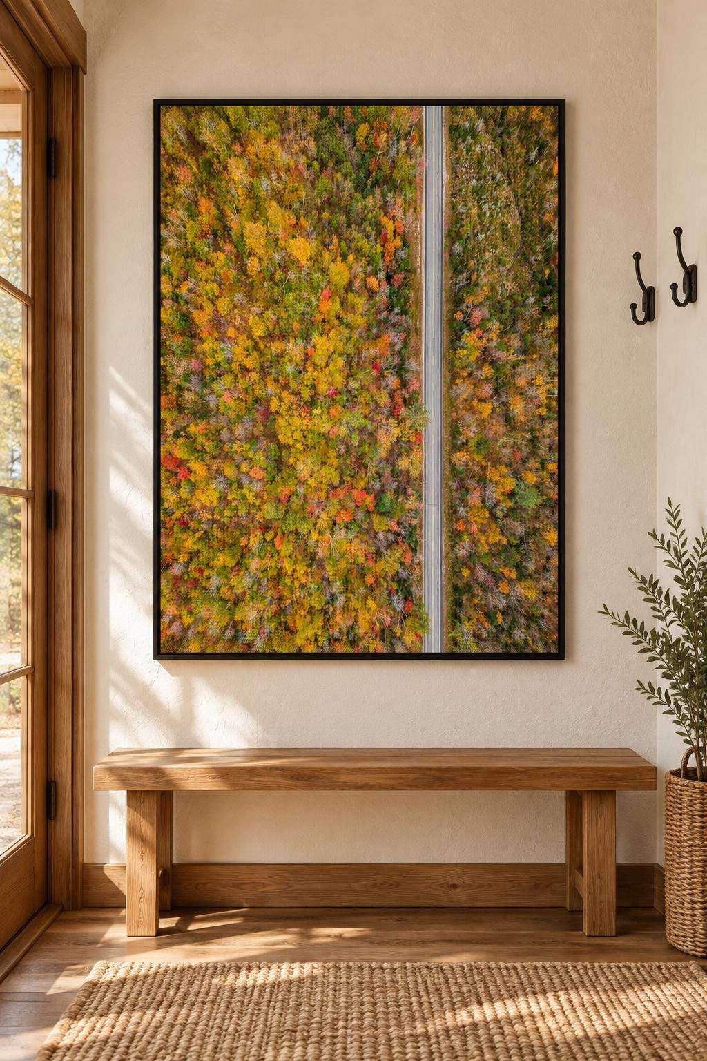 White Mountains Fall Print, framed aerial landscape artwork with dense autumn trees in green, gold, orange and red
