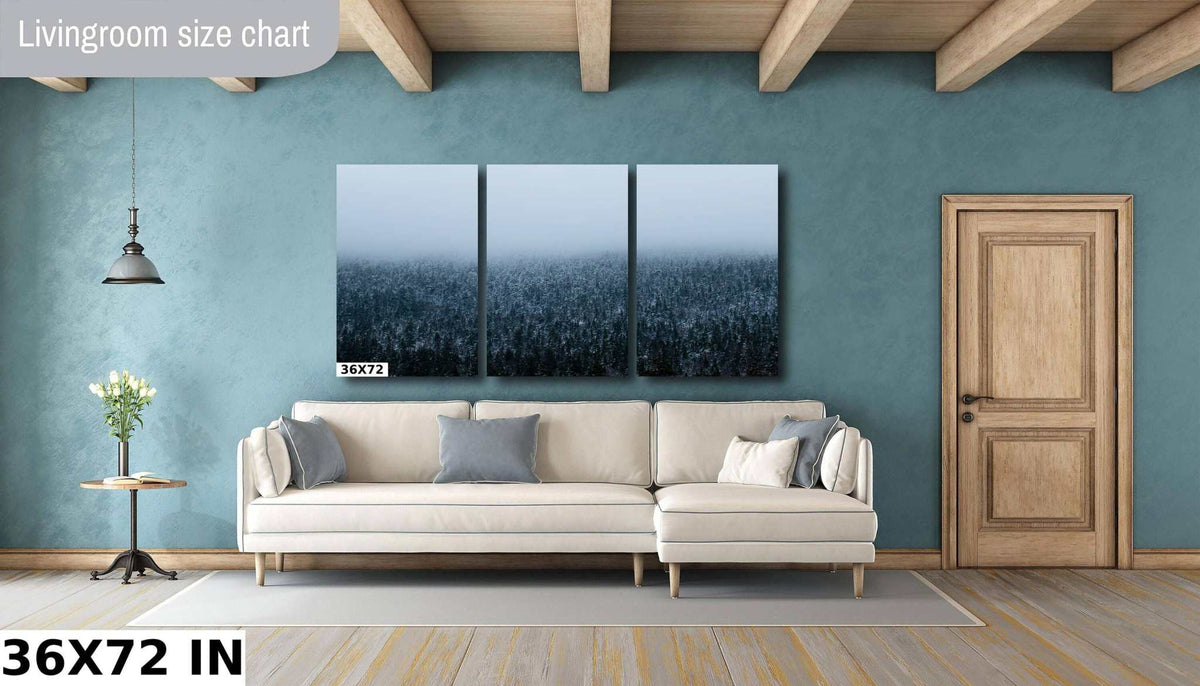 Winter Forest Wall Art triptych with three tall panels showing dark snowy evergreen forest fading into pale mist