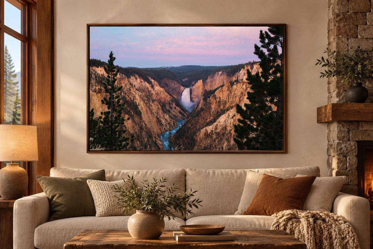 Yellowstone Lower Falls Print showing a framed canyon landscape with a waterfall, winding river, forested cliffs and pink sky