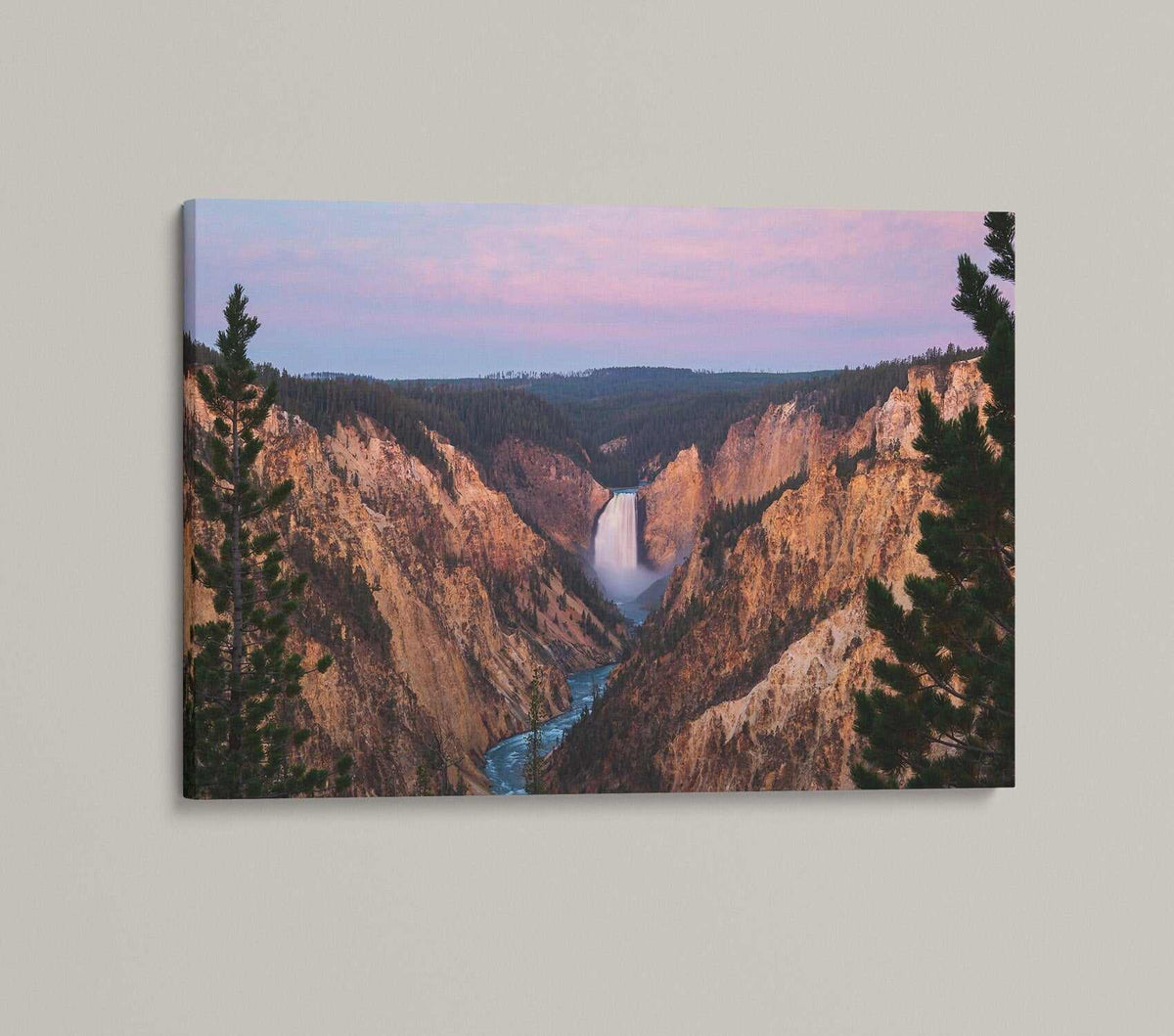Yellowstone Lower Falls Print showing a pink-sky landscape photo of the waterfall between rugged, orange canyon cliffs and forest