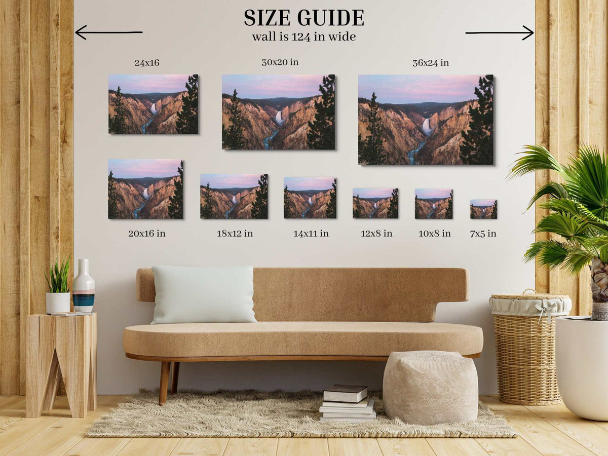 Yellowstone Lower Falls Print size guide showing landscape canyon and waterfall artwork in multiple print sizes above a tan sofa