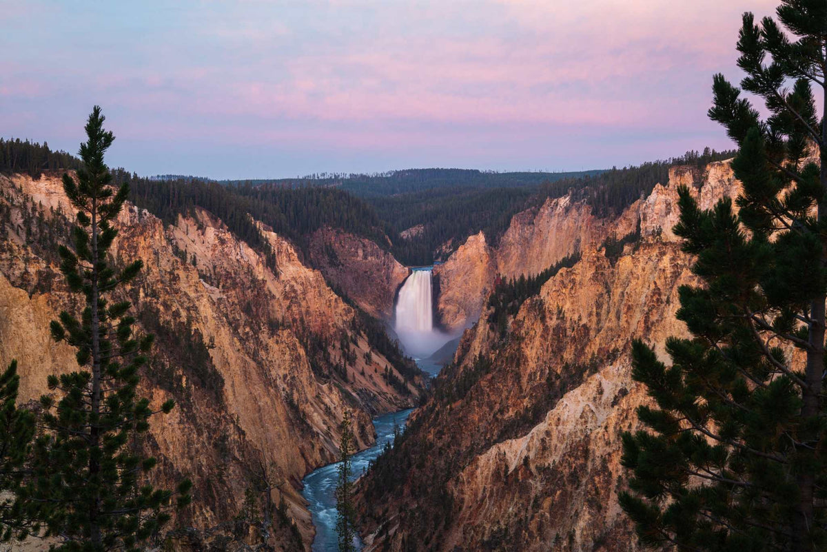 Yellowstone Lower Falls Print showing a warm-toned landscape photo of a waterfall, winding river, and rugged canyon cliffs