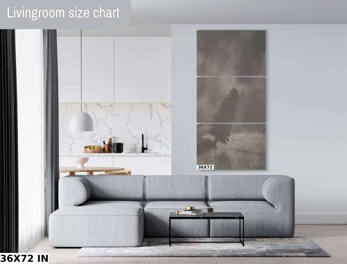 Yellowstone National Park Print with a lone leaning tree in misty gray tones, shown as a three-panel vertical wall artwork