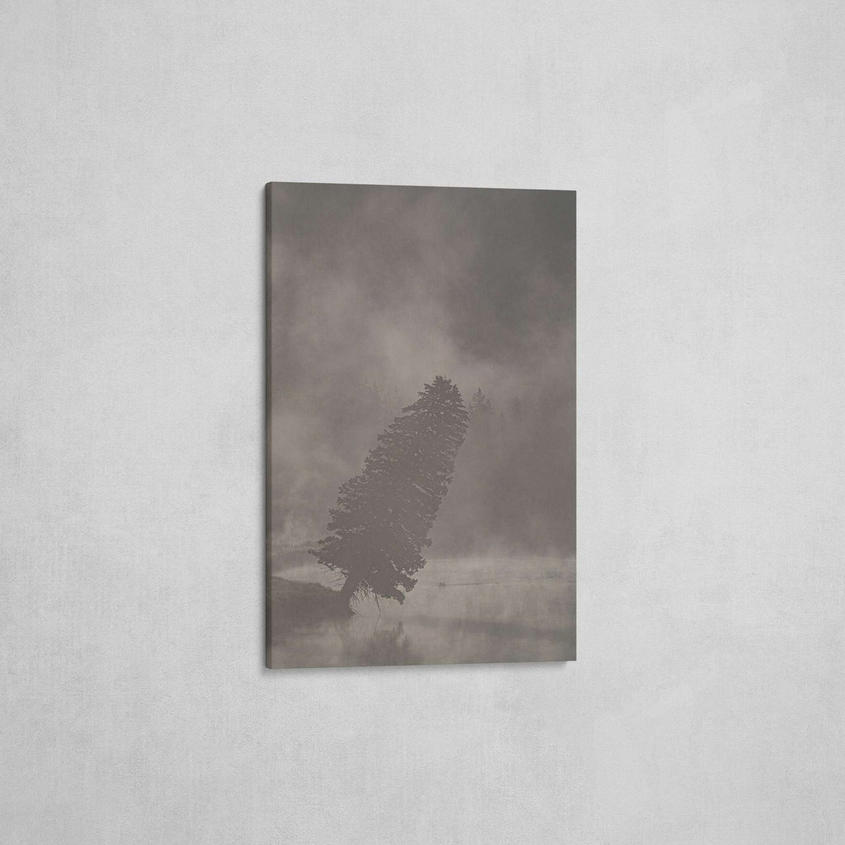 Yellowstone National Park Print showing a dark leaning tree in muted gray fog, with a soft, misty landscape.