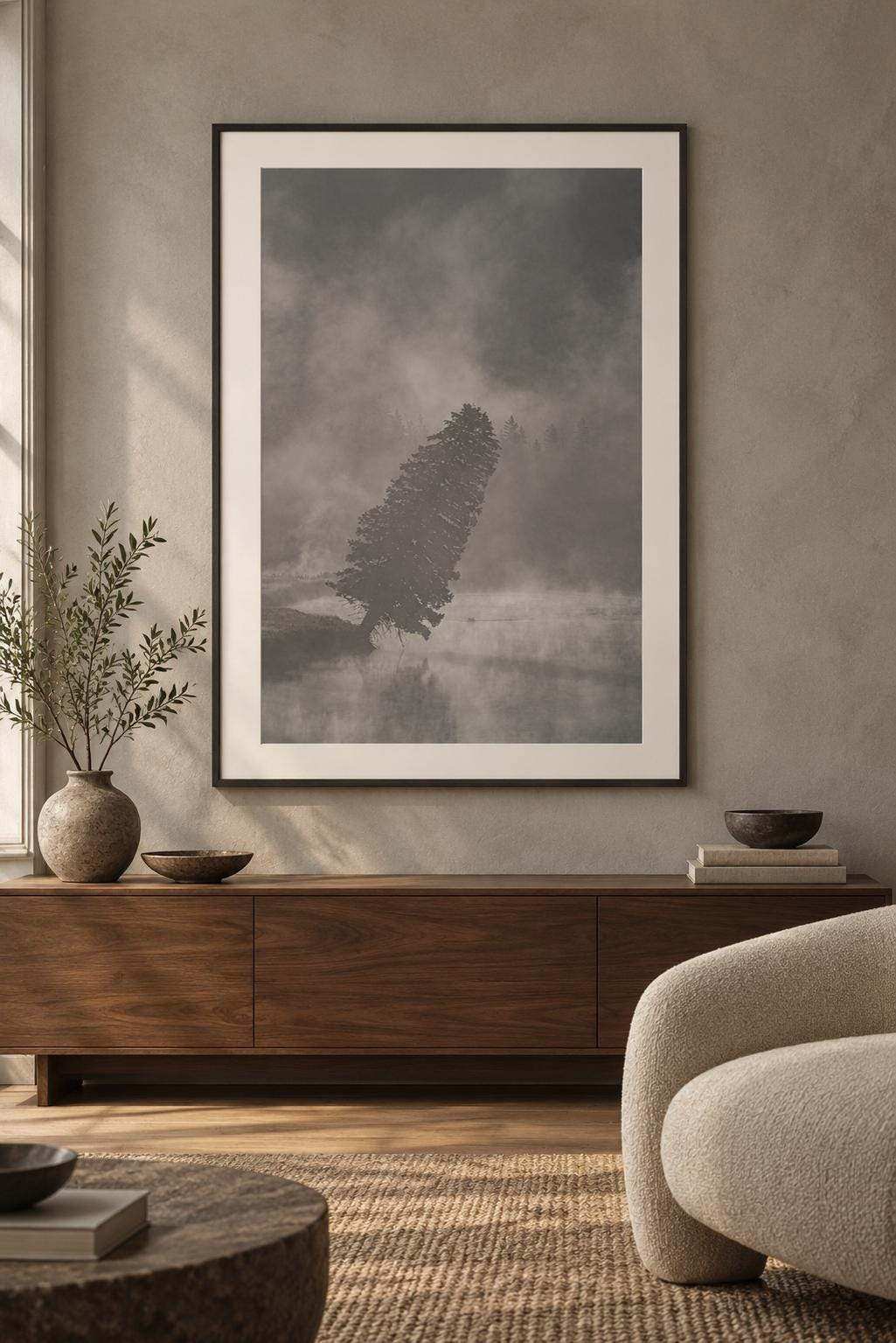 Yellowstone National Park Print featuring a dark leaning tree in muted gray fog, framed as atmospheric landscape wall art